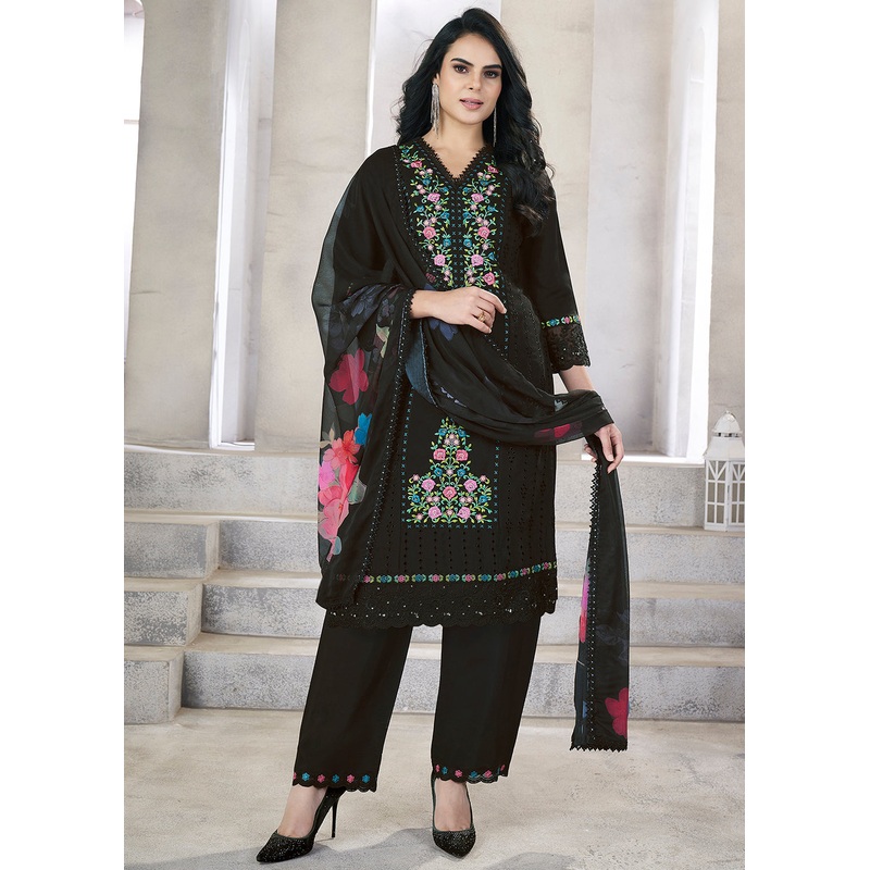 Black Roman Silk Embroidered Festive Salwar Kurta Suit