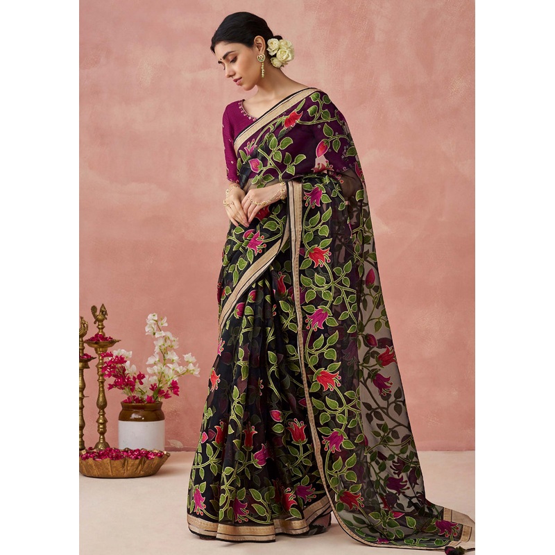 Black Soft Brasso Organza Printed Festive Classic Saree
