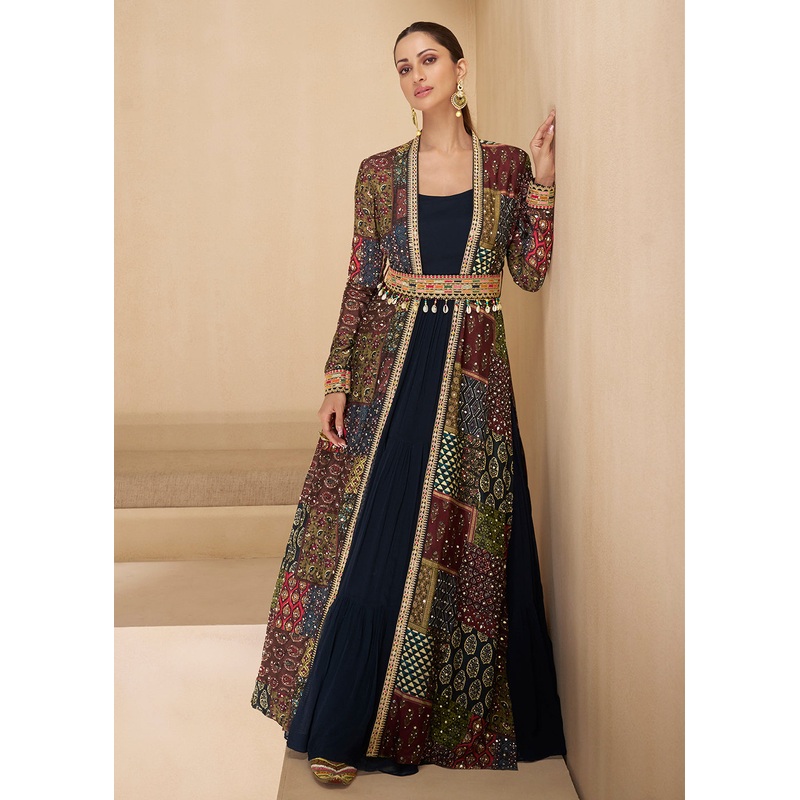 Blue Embroidered Georgette Shrug Style Anarkali Suit
