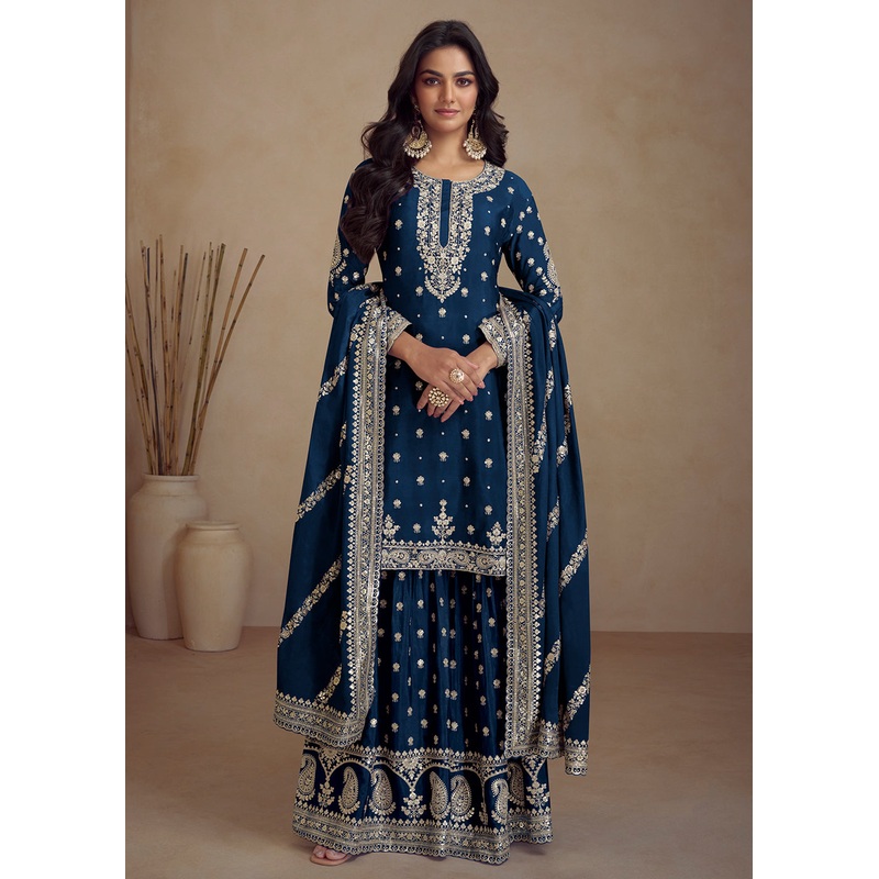 Blue Embroidered Real Chinnon Designer Palazzo Suit