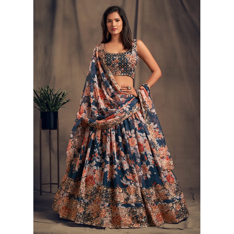 Blue Floral Embroidered Organza Wedding Lehenga Choli