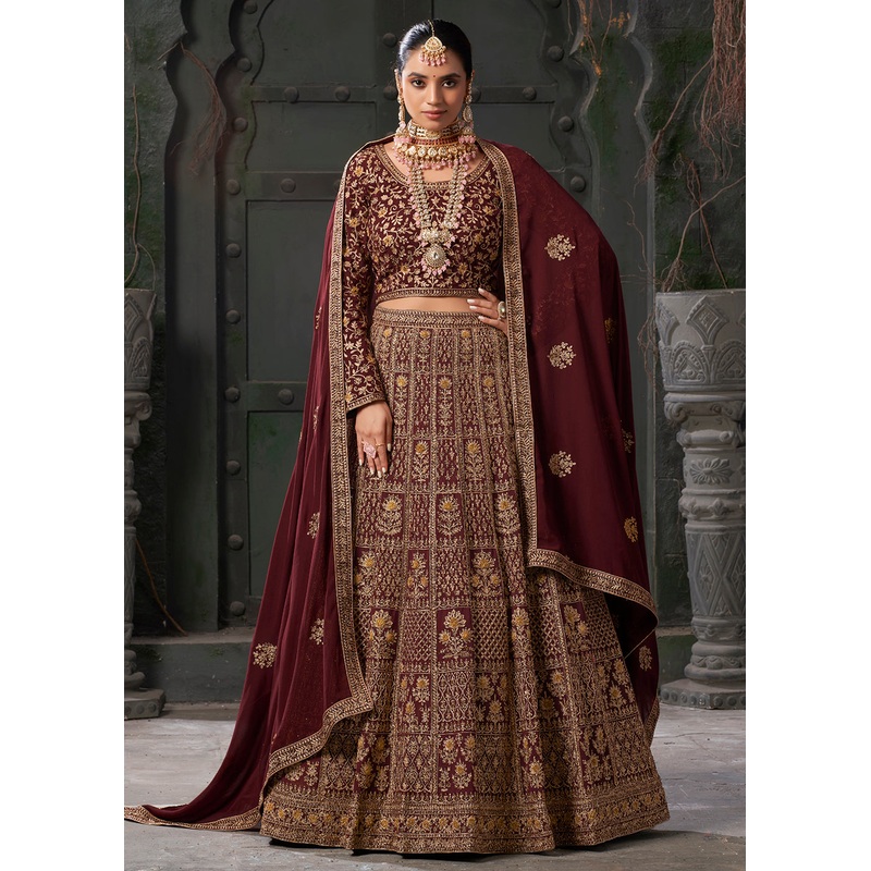 Bridal Maroon Cording Embroidered Georgette Lehenga Choli