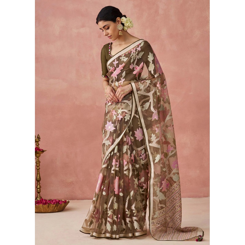 Brown Soft Brasso Organza Printed Festive Classic Saree