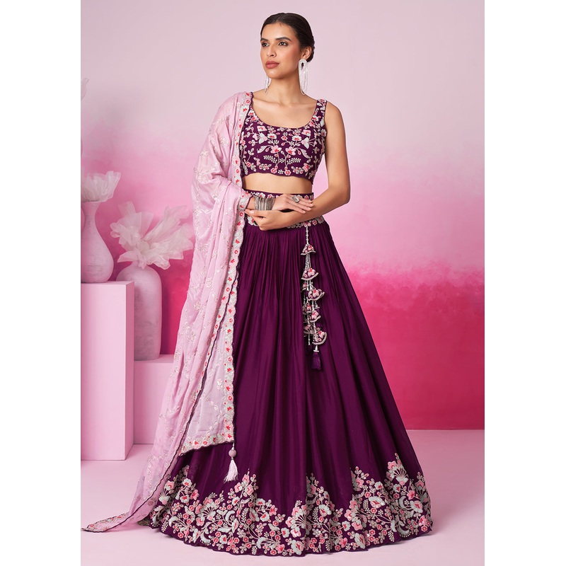 Burgundy Pure Georgette Sequins Embroidered Lehenga Choli