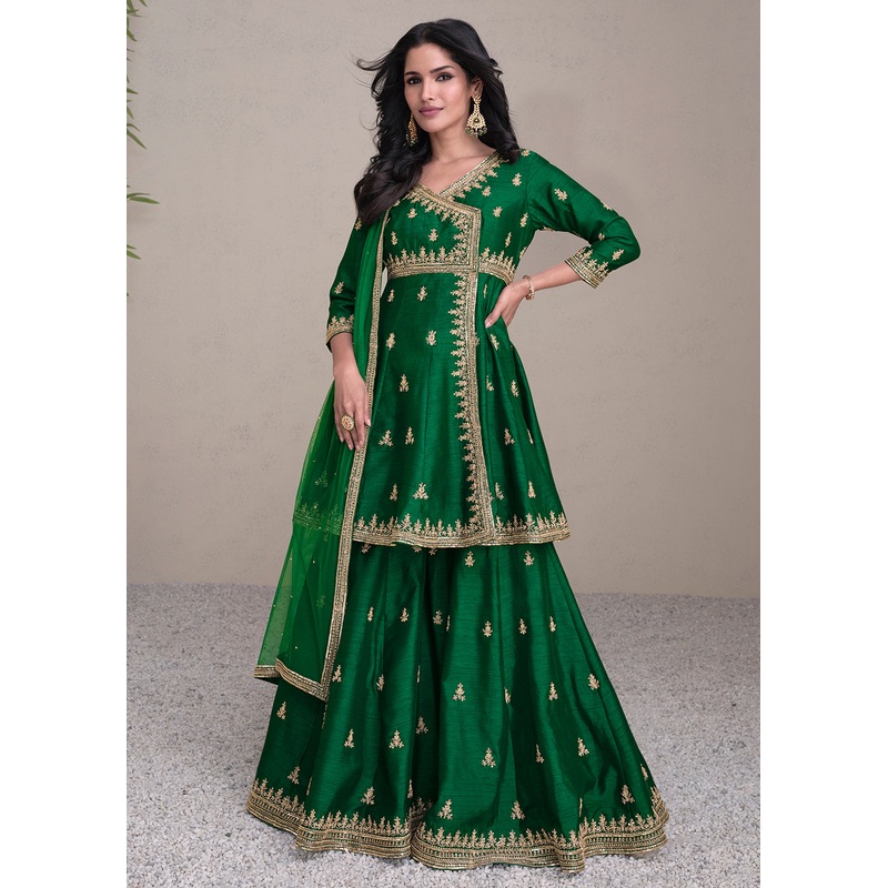 Charming Green Silk Embroidered Festive Palazzo Suit