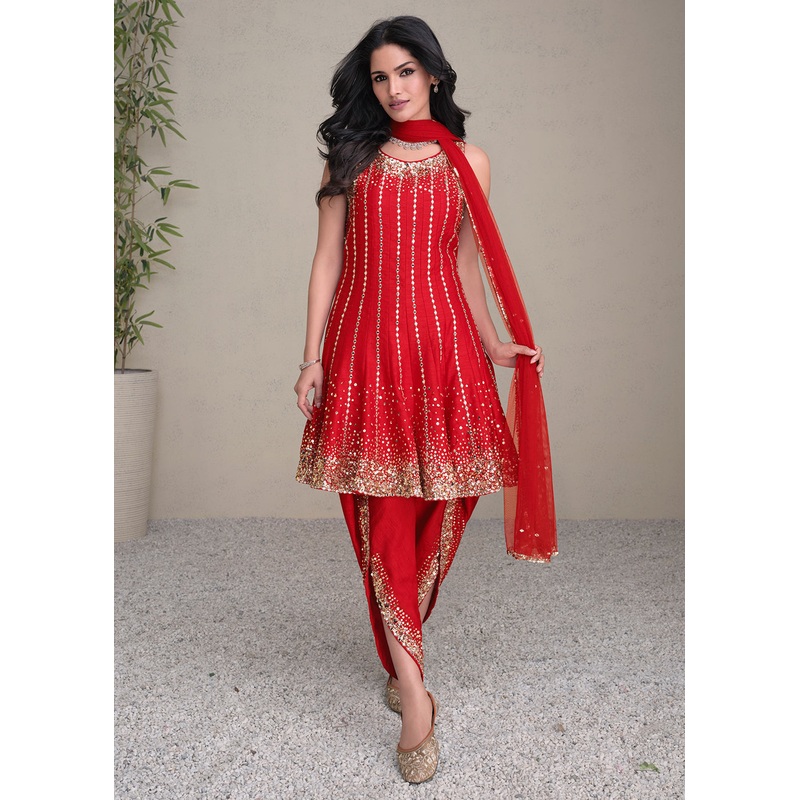 Charming Red Silk Embroidered Festive Dhoti Style Suit