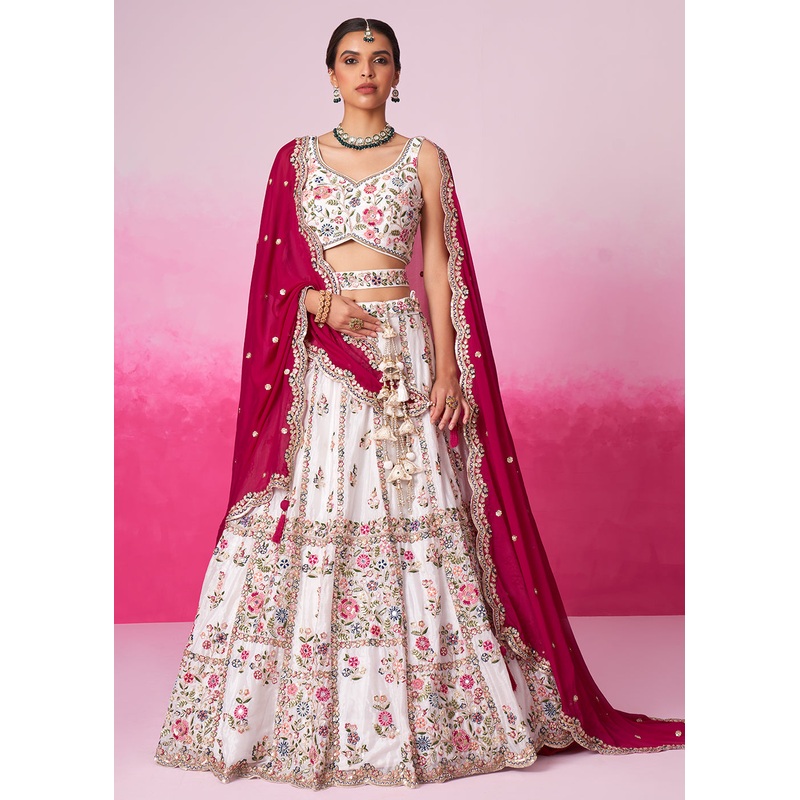 Cream Georgette Sequins & Moti Embroidered Lehenga Choli