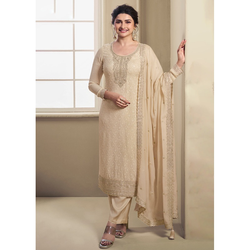 Cream Schiffli Embroidered Organza Salwar Suit