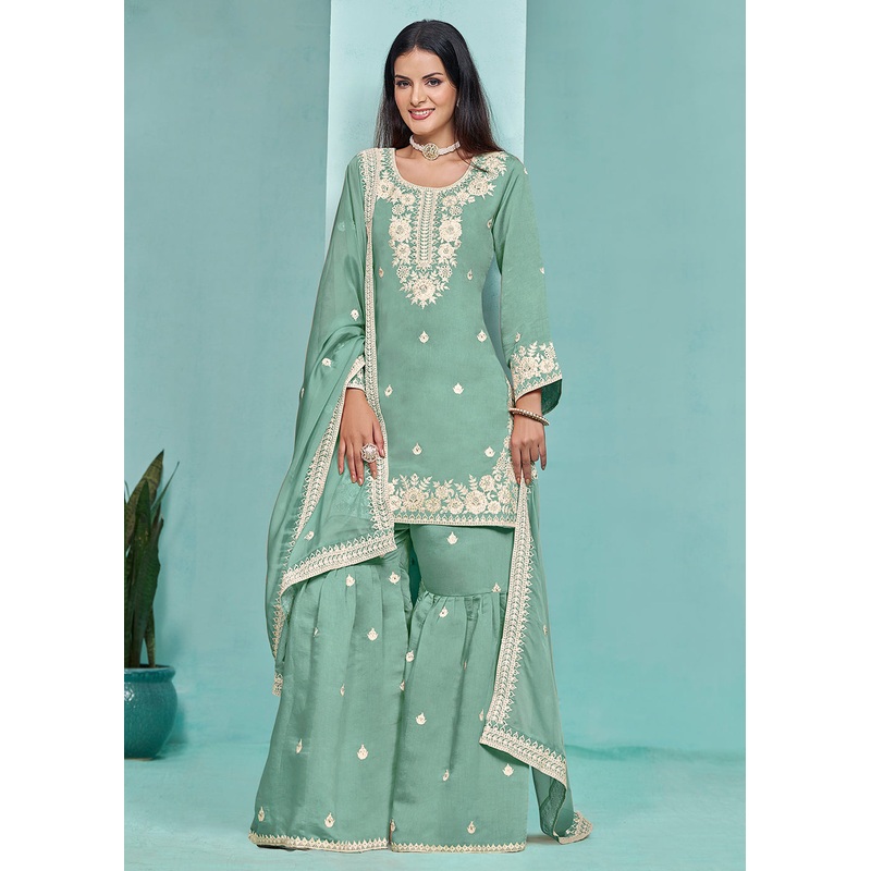 Elegant Aqua Designer Style Silk Gharara Style Suit