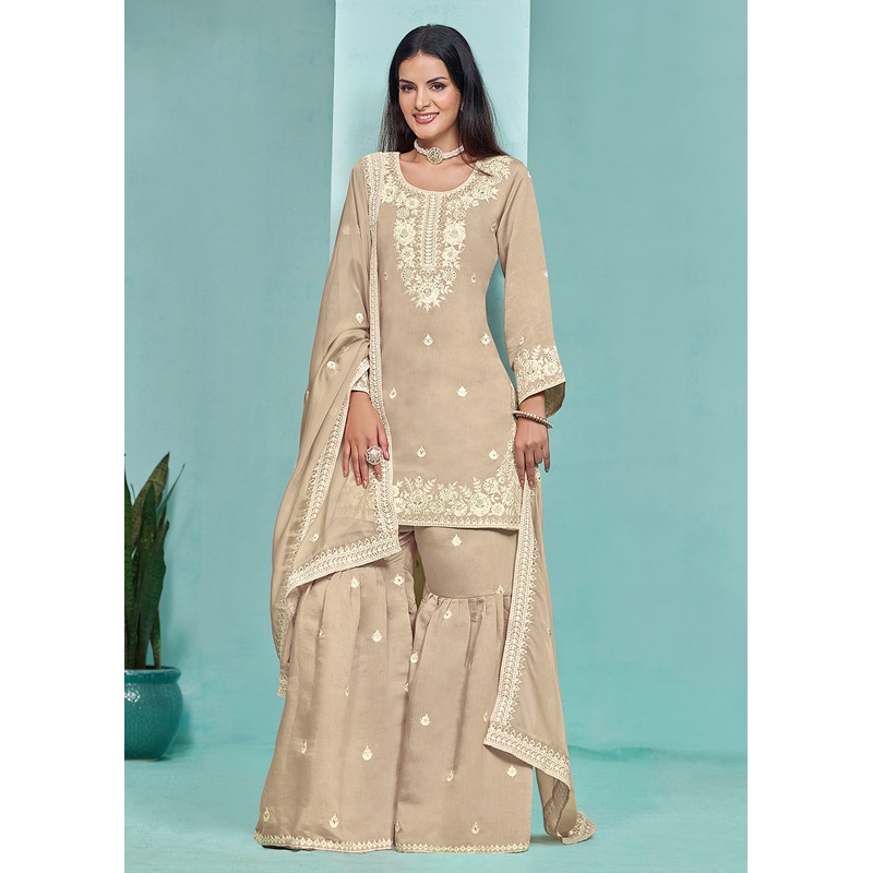 Elegant Beige Designer Style Silk Gharara Style Suit