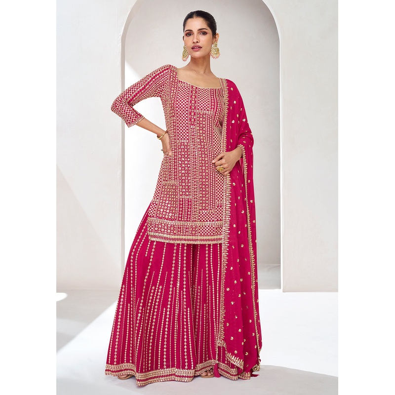 Embroidered Chinnon Hot Pink Wedding Palazzo Style Suit
