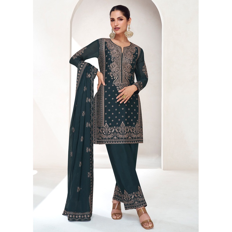 Embroidered Chinnon Prussian Blue Wedding Salwar Suit