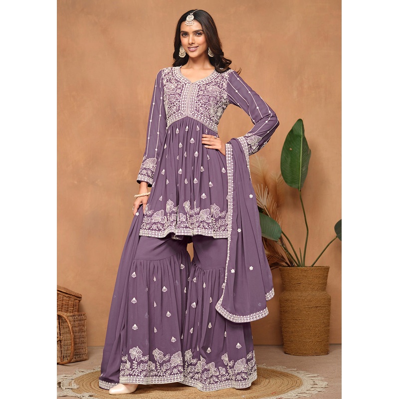 Festive Style Dusty Purple Embroidered Gharara Suit