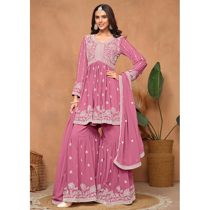Festive Style Flamingo Pink Embroidered Gharara Suit