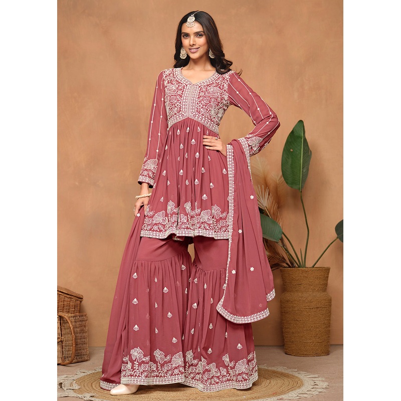 Festive Style Salmon Pink Embroidered Gharara Suit