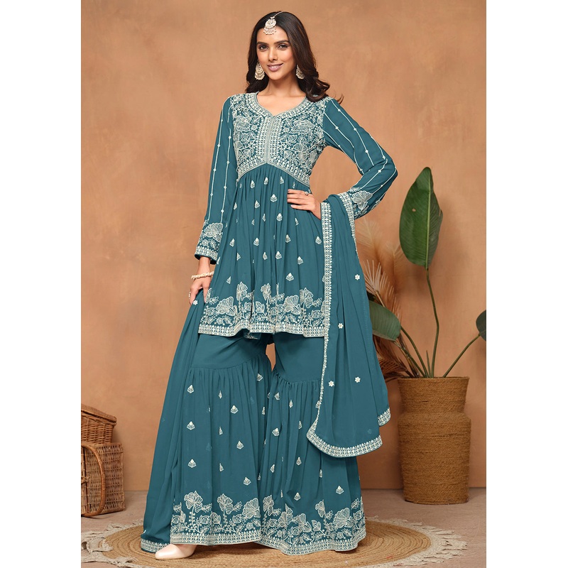 Festive Style Teal Blue Embroidered Gharara Suit