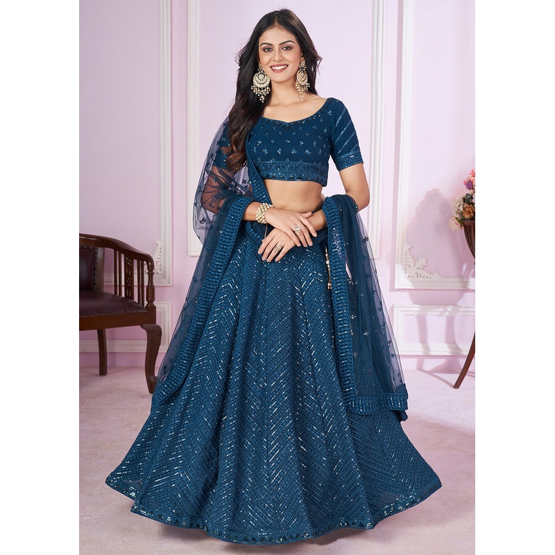 Georgette Embroidered Blue Color Bridesmaids Lehenga Choli