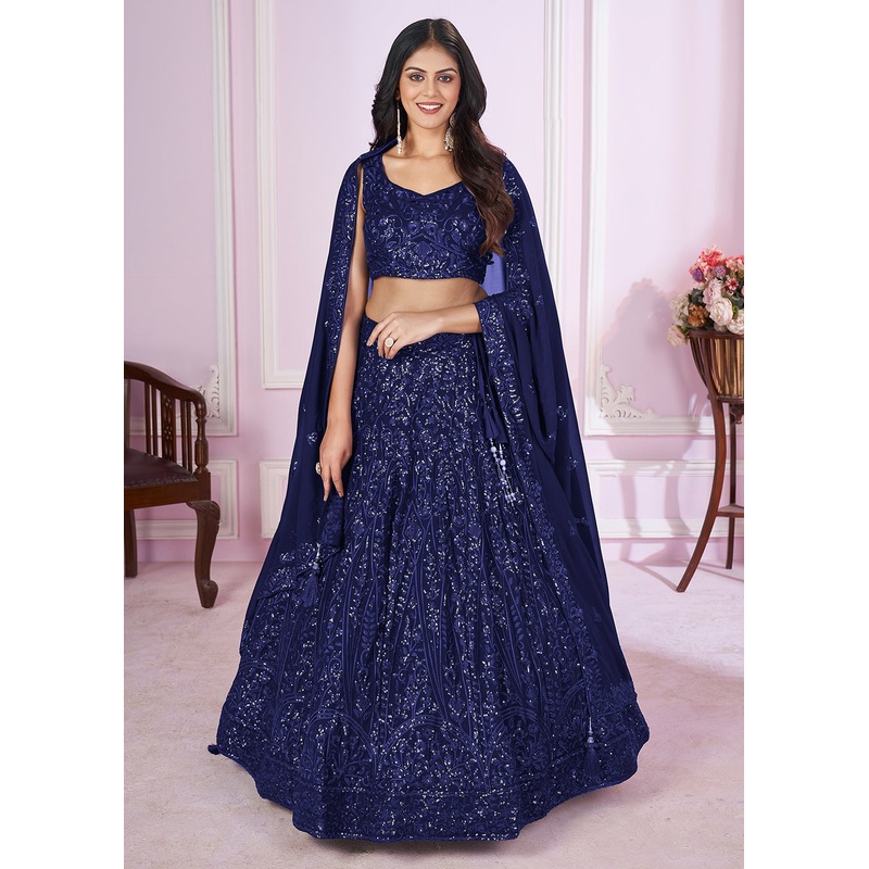 Georgette Embroidered Blue Color Reception Lehenga Choli