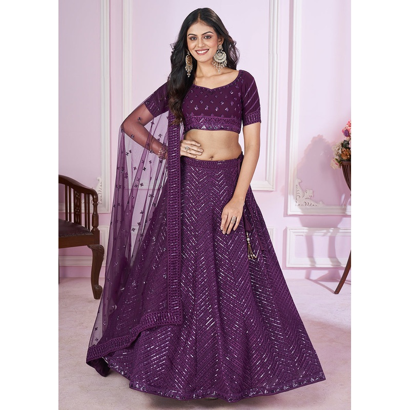 Georgette Embroidered Purple Color Bridesmaids Lehenga Choli