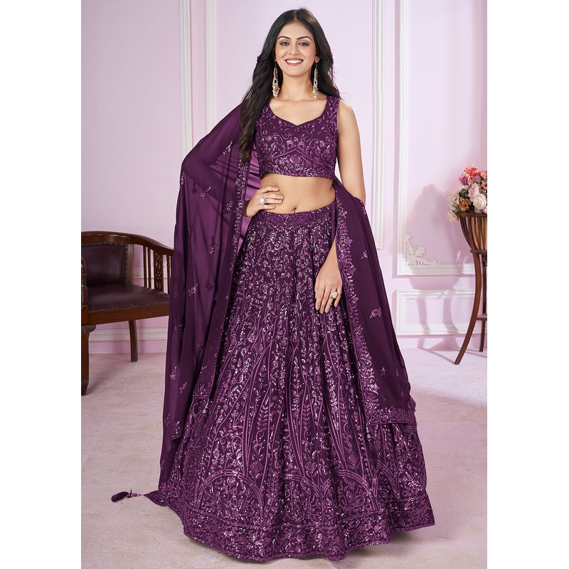 Georgette Embroidered Purple Color Reception Lehenga Choli
