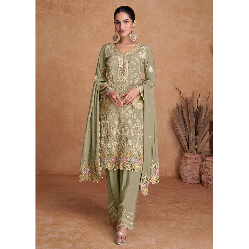 Green Chinnon Fabric Embroidered Designer Salwar Suit