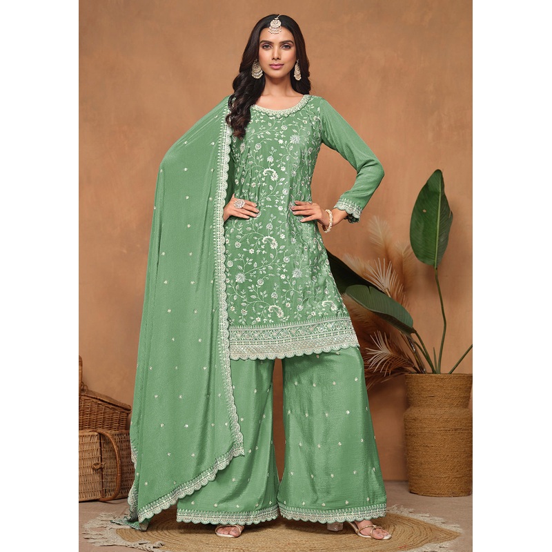 Green Chinnon Resham & Sequins Embroidered Palazzo Suit