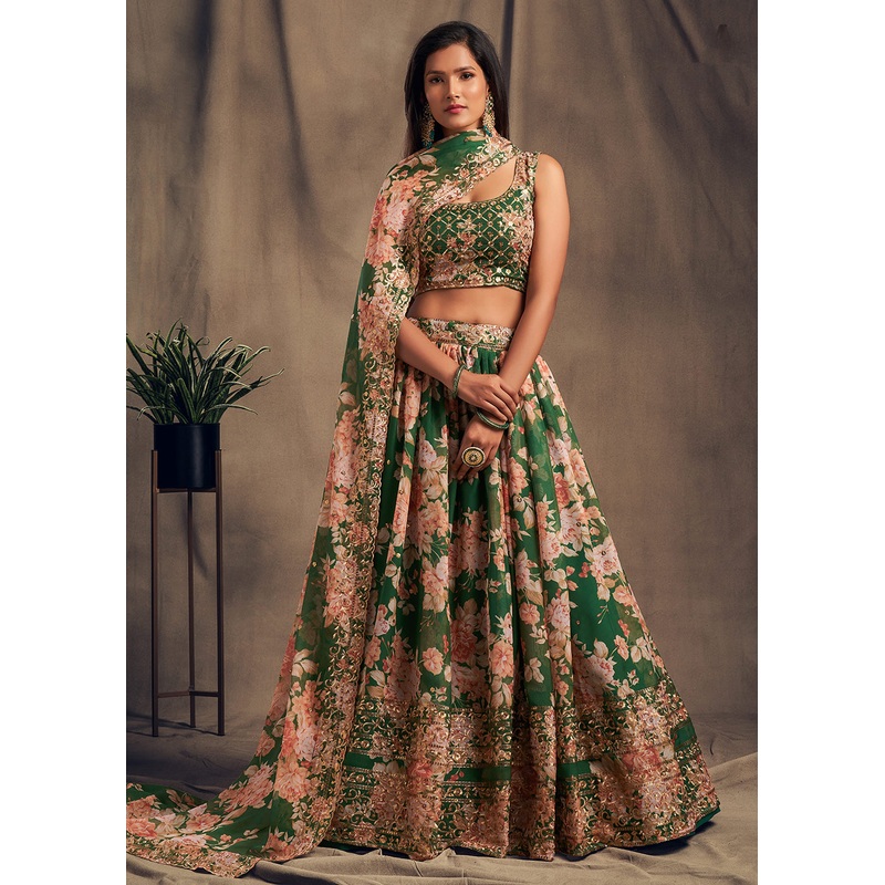 Green Floral Embroidered Organza Wedding Lehenga Choli