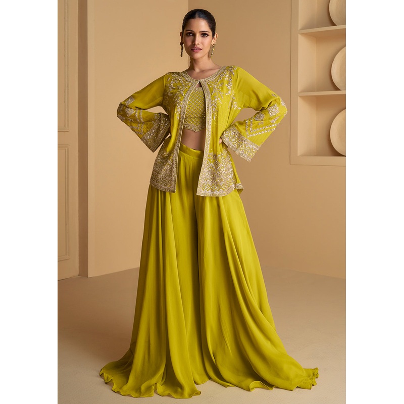 Green Jacket Style Embroidered Indo Western Palazzo Suit