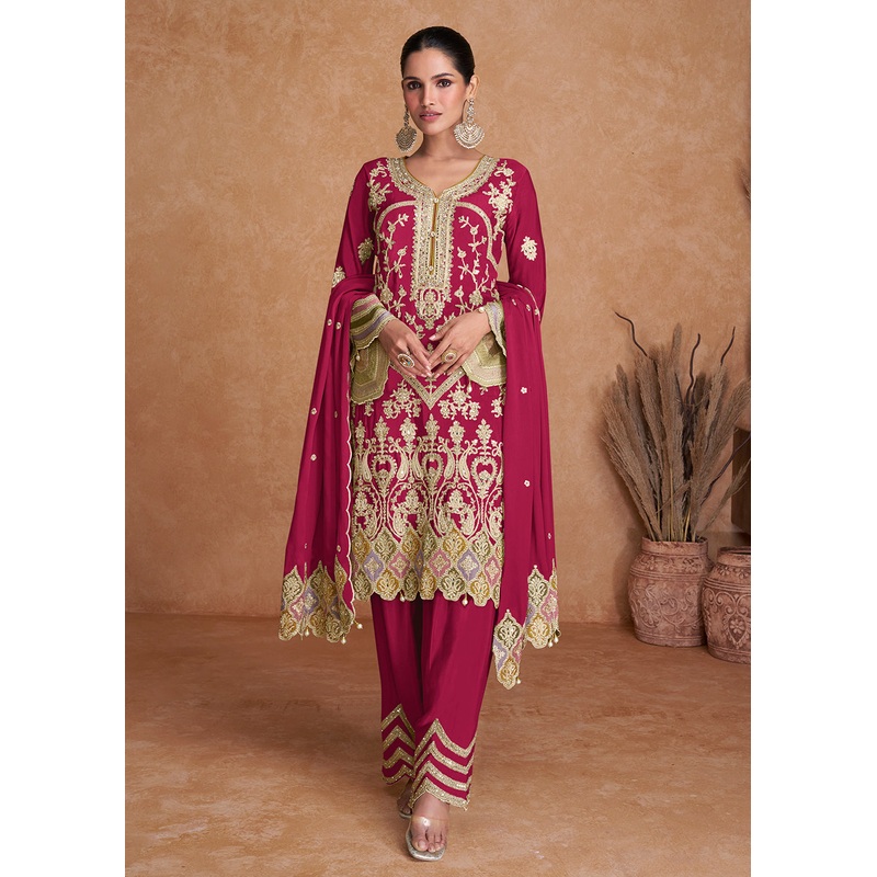 Hot Pink Chinnon Fabric Embroidered Designer Salwar Suit