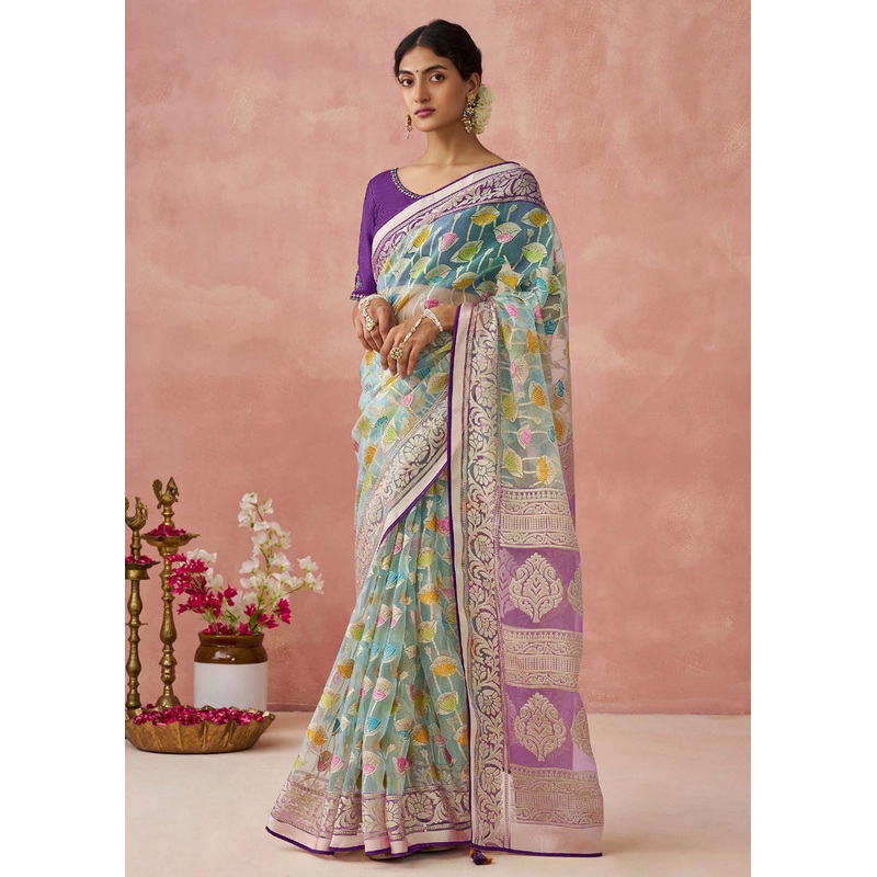 Ice Blue Soft Brasso Organza Printed Festive Classic Saree