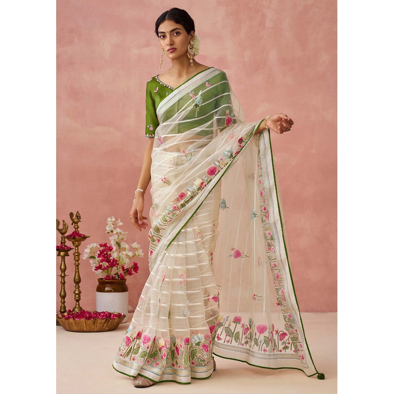Ivory Soft Brasso Organza Printed Festive Classic Saree