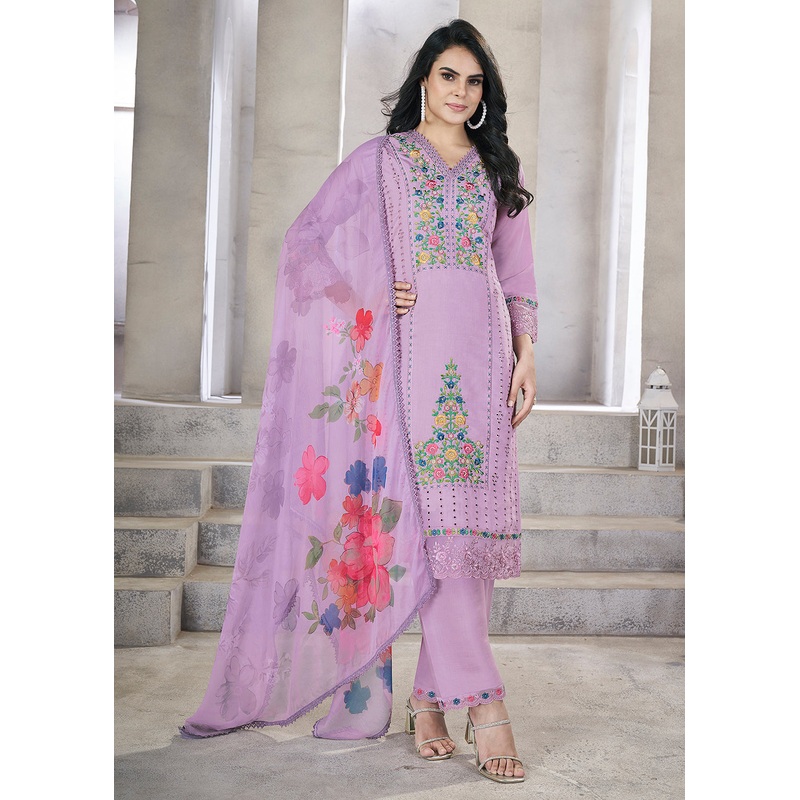 Lilac Roman Silk Embroidered Festive Salwar Kurta Suit