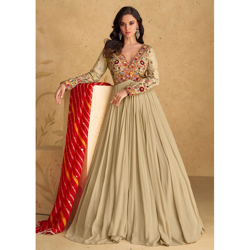 Lovely Embroidered Beige Wedding Party Anarkali Gown