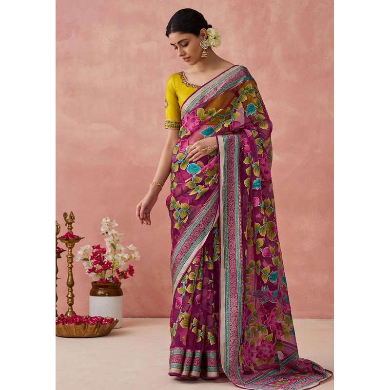 Magenta Soft Brasso Organza Printed Festive Classic Saree