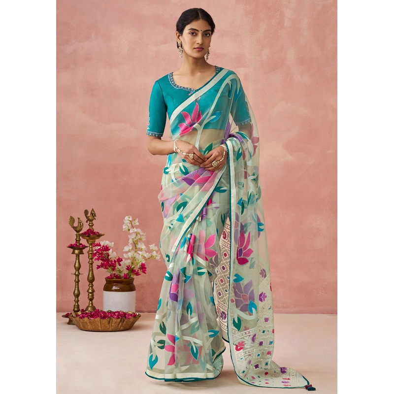 Mint Grey Soft Brasso Organza Printed Festive Classic Saree