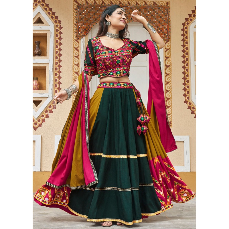 Mustard Embroidered with Mirror Work Chaniya Choli for Navratri