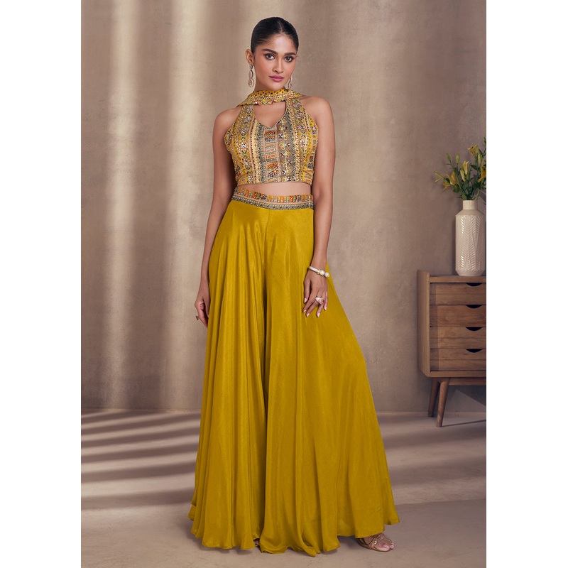 Mustard Real Chinnon Indo Western Palazzo Suit