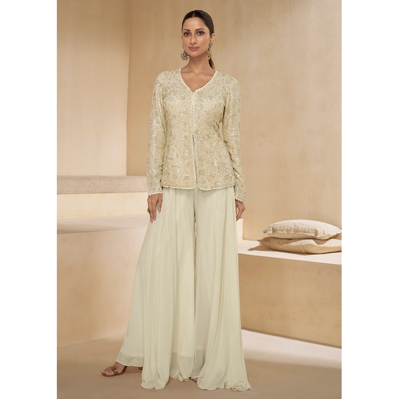 Off White Designer Embroidered Party Wear Sharara Suit