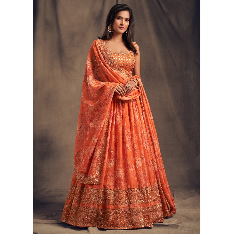 Orange Floral Embroidered Organza Wedding Lehenga Choli