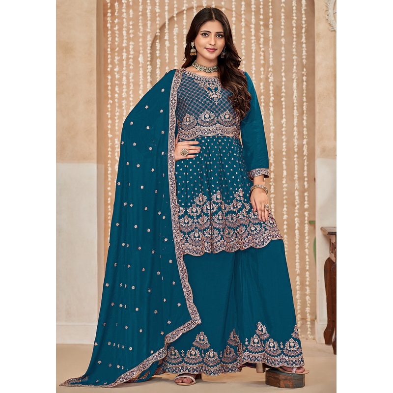Palazzo Style Blue Embroidered Wedding Festive Suit