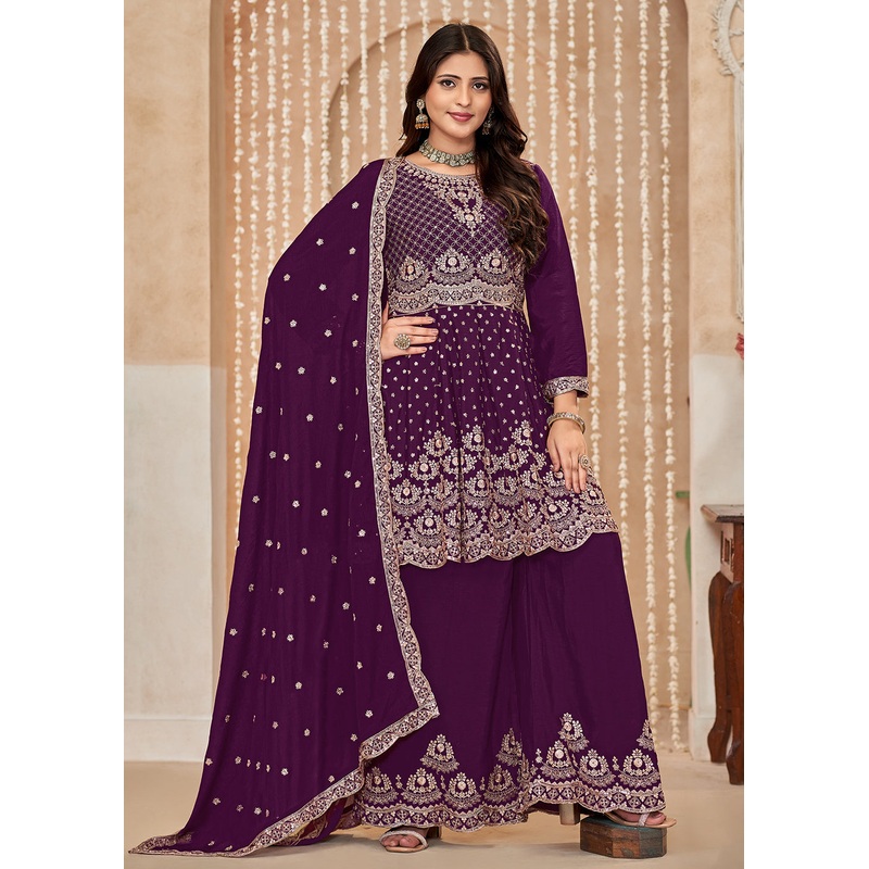 Palazzo Style Purple Embroidered Wedding Festive Suit