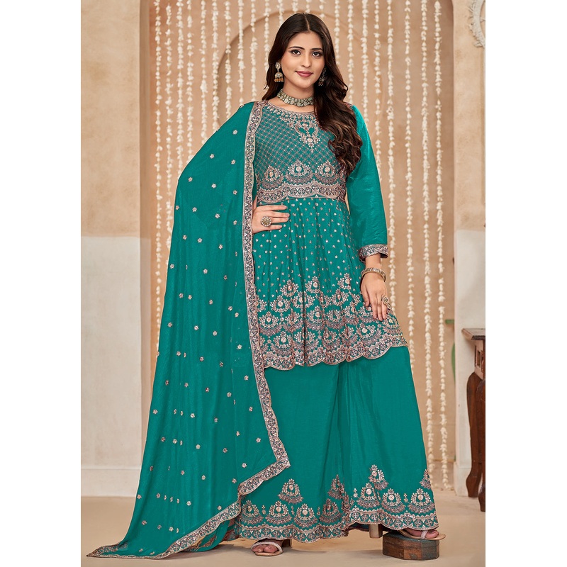 Palazzo Style Rama Green Embroidered Wedding Festive Suit