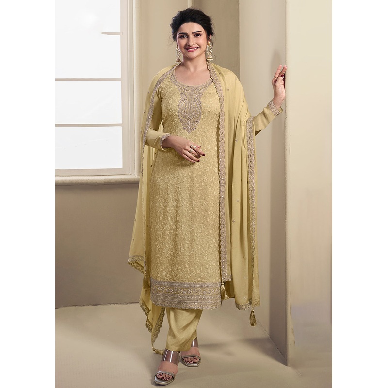 Pale Yellow Schiffli Embroidered Organza Salwar Suit