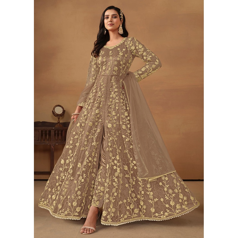 Pant Style Light Brown Embroidered Net Wedding Anarkali Suit