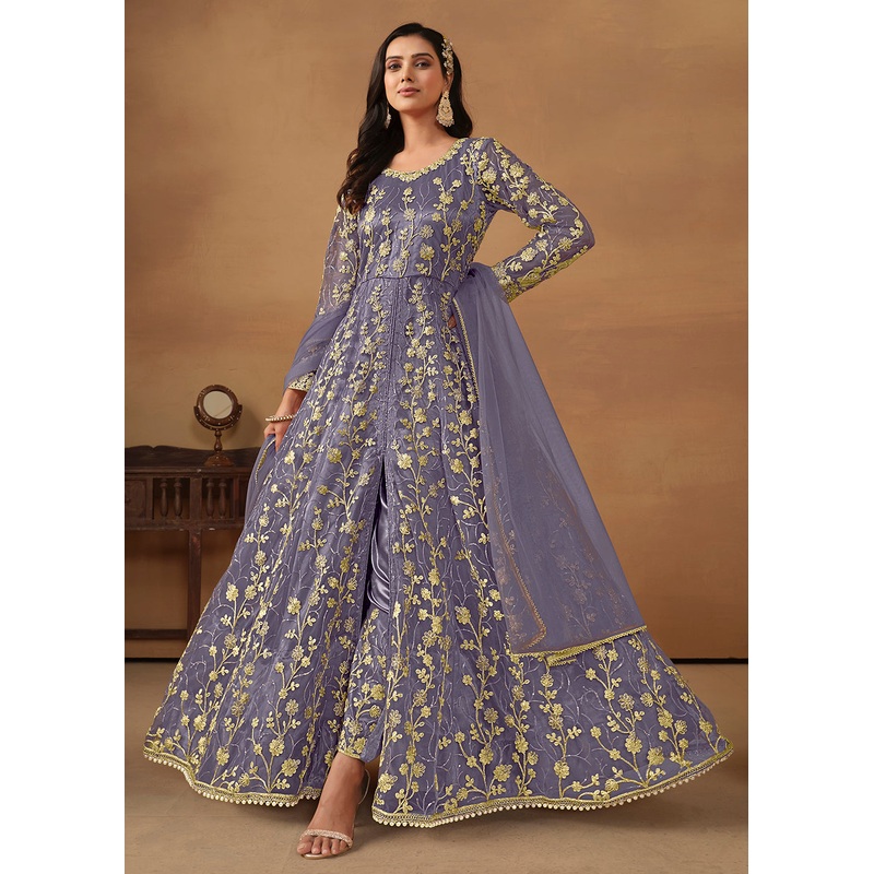 Pant Style Light Purple Embroidered Net Wedding Anarkali Suit