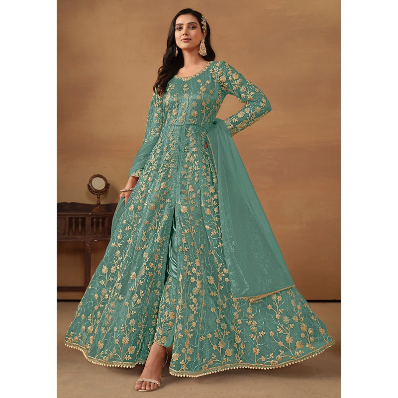 Pant Style Turquoise Embroidered Net Wedding Anarkali Suit