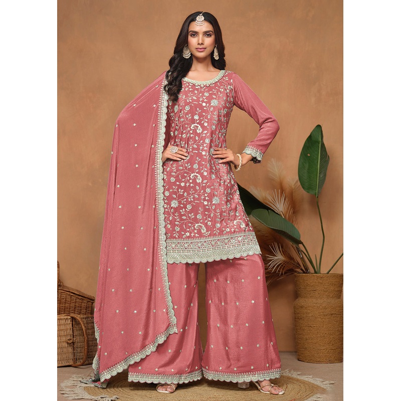 Peach Chinnon Resham & Sequins Embroidered Palazzo Suit