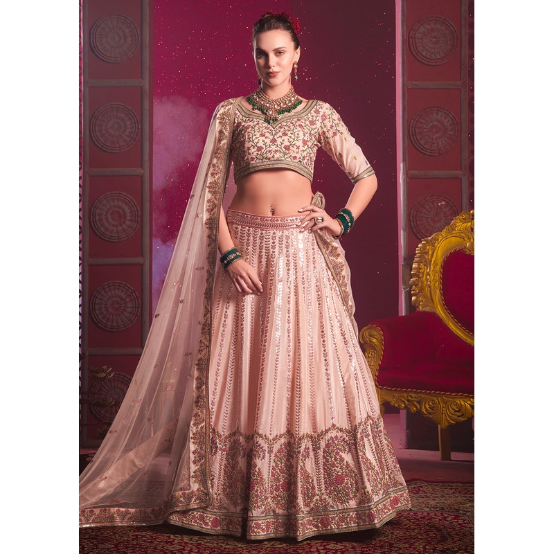 Peach Premium Silk Embroidered Bridesmaids Lehenga Choli