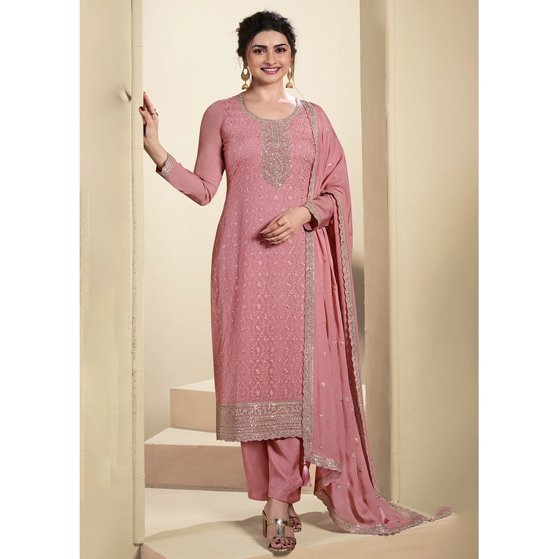 Peach Schiffli Embroidered Organza Salwar Suit