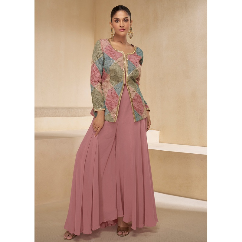 Pink Designer Embroidered Party Wear Sharara Suit